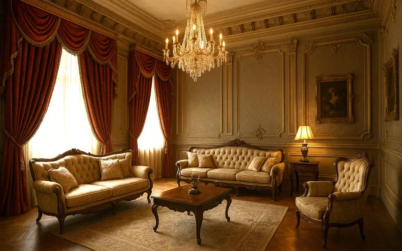 Salón barroco con cortinas de terciopelo rojo y ambiente palaciego de lujo