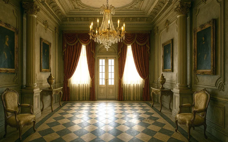 Pasillo palaciego barroco con cortinas rojas y columnas ornamentales