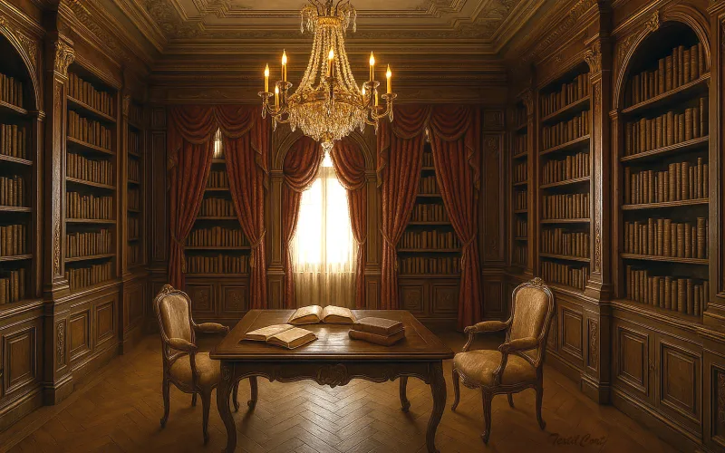 Biblioteca barroca con cortinas rojas y ambiente clásico de madera