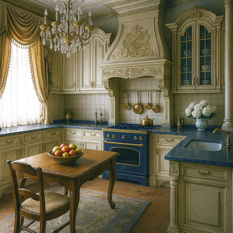 Cocina estilo barroco con cortinas