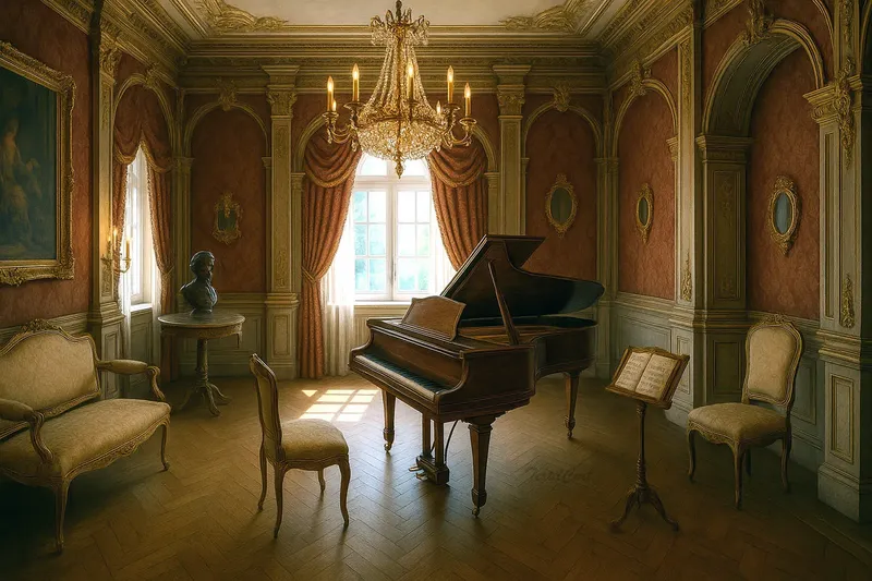 Sala de música barroca con piano de cola y cortinas de terciopelo rojizo
