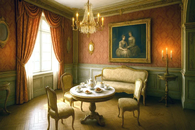 Sala de té barroca con cortinas cobrizas y ambientación clásica
