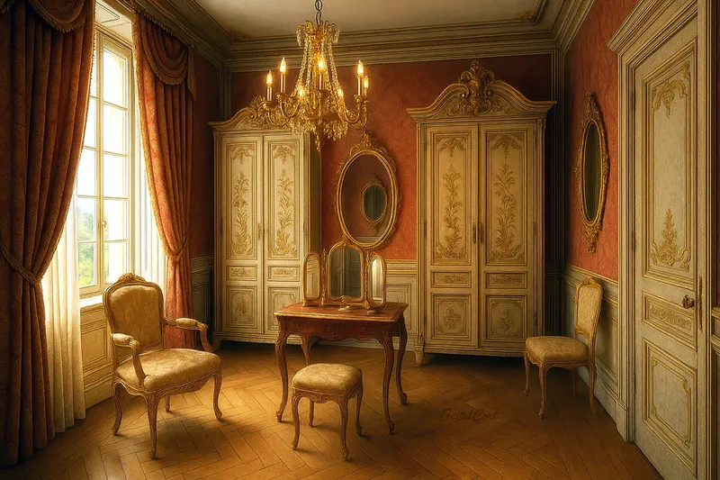Tocador barroco de estilo palaciego con cortinas clásicas y mobiliario dorado