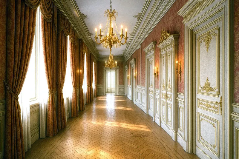 Pasillo palaciego barroco con cortinas clásicas a medida y caída pesada