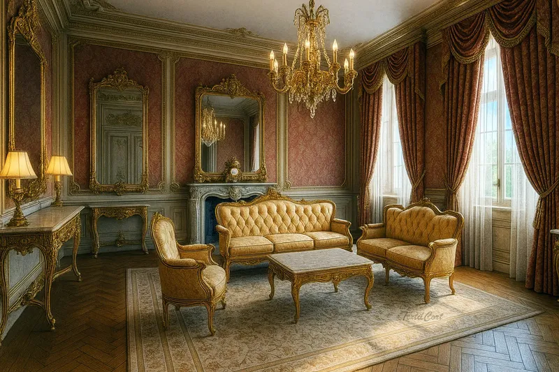 Salón barroco de lujo con cortinas clásicas