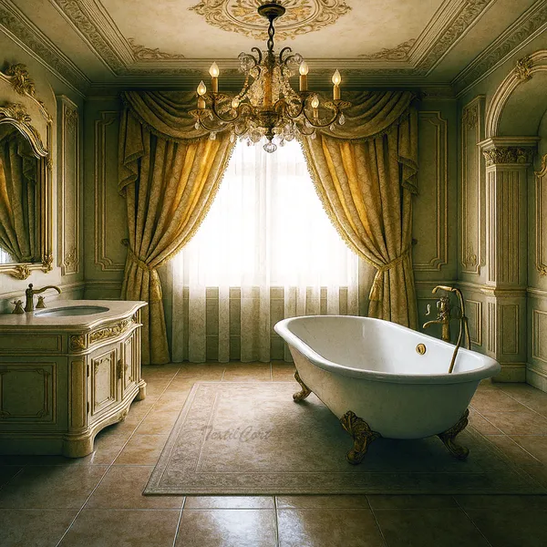 Baño barroco con cortinas doradas y bañera exenta de estilo clásico