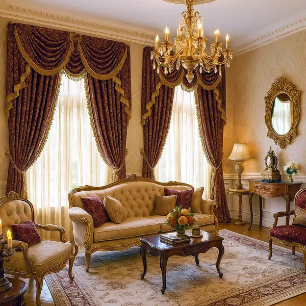 Salón barroco con cortinas de terciopelo burdeos y pasamanería dorada