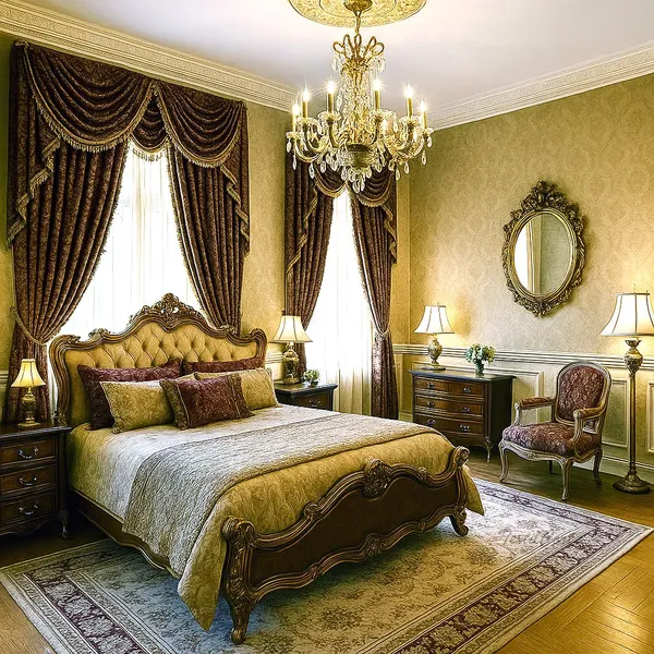 Dormitorio barroco con cortinas de terciopelo oscuro y decoración palaciega