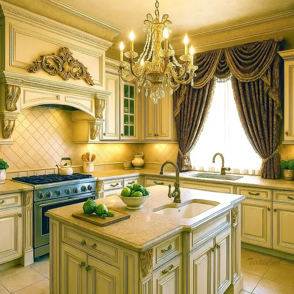 Cocina barroca con cortinas de terciopelo marrón y detalles dorados