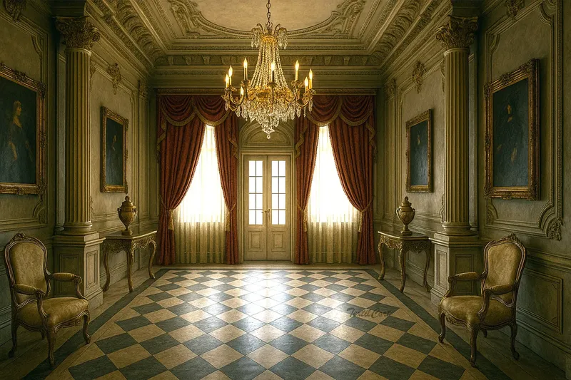 Pasillo palaciego barroco con cortinas rojas y columnas ornamentales