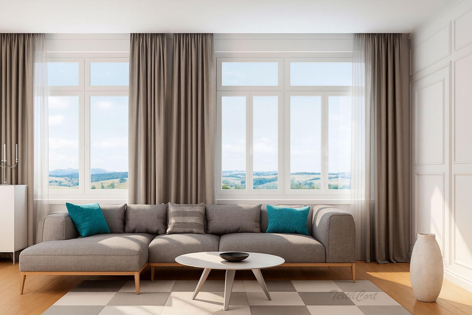 Salón luminoso estilo Bauhaus con cortinas beige a medida