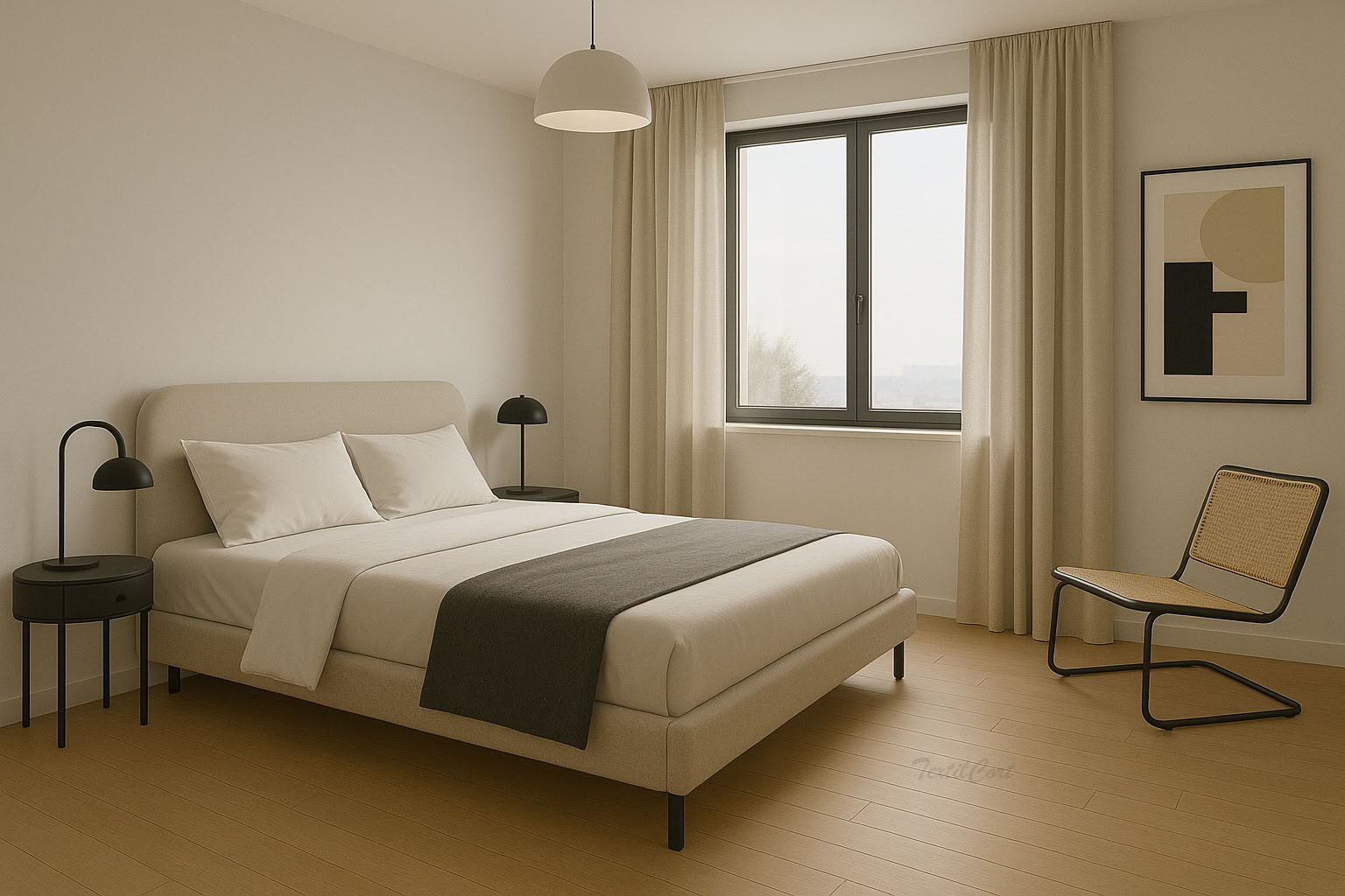 Dormitorio minimalista estilo Bauhaus con cortinas claras