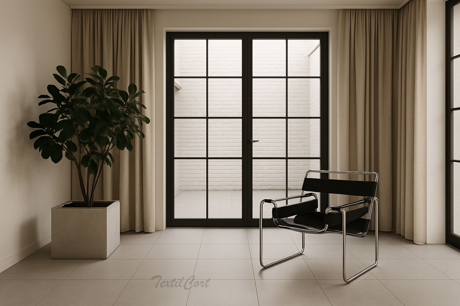 Rincón minimalista estilo Bauhaus con cortinas y ventanal negro
