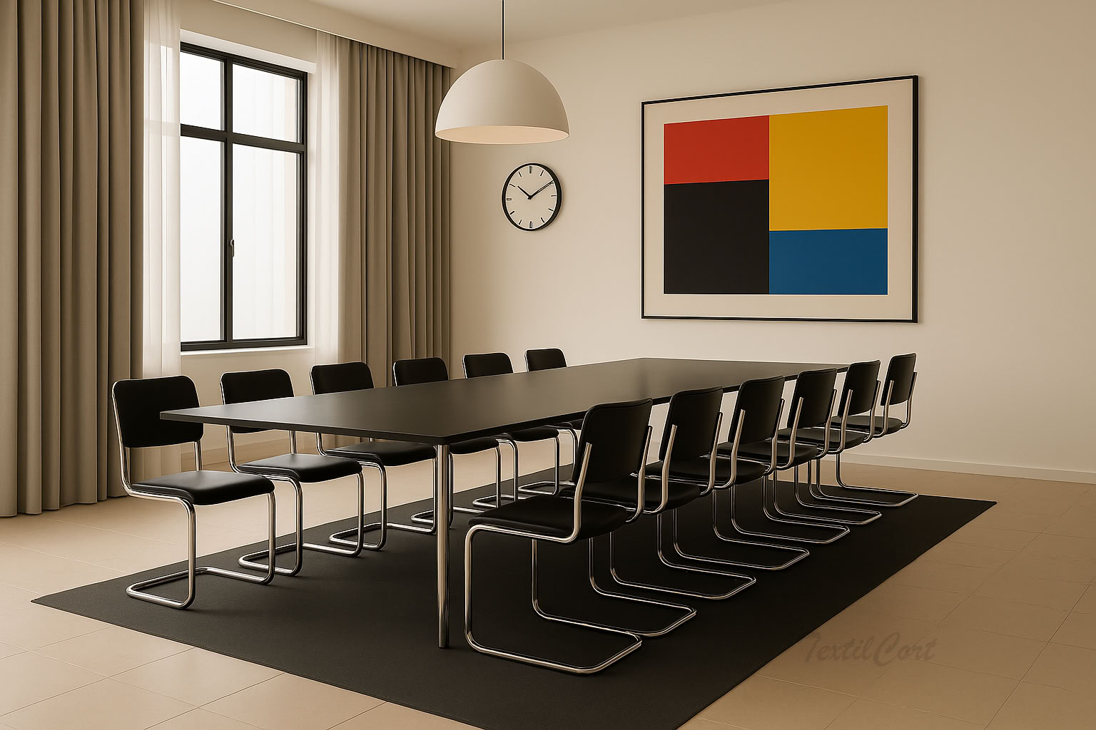 Comedor amplio estilo Bauhaus con cortinas y mesa para grandes reuniones