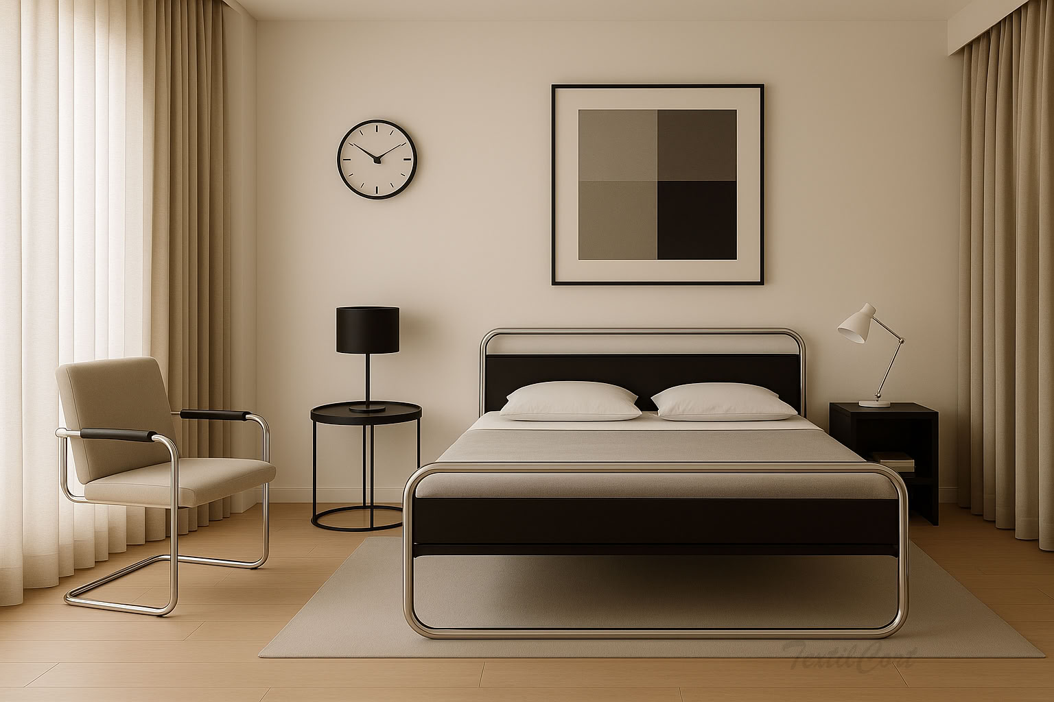 Dormitorio estilo Bauhaus con cortinas beige y mobiliario tubular