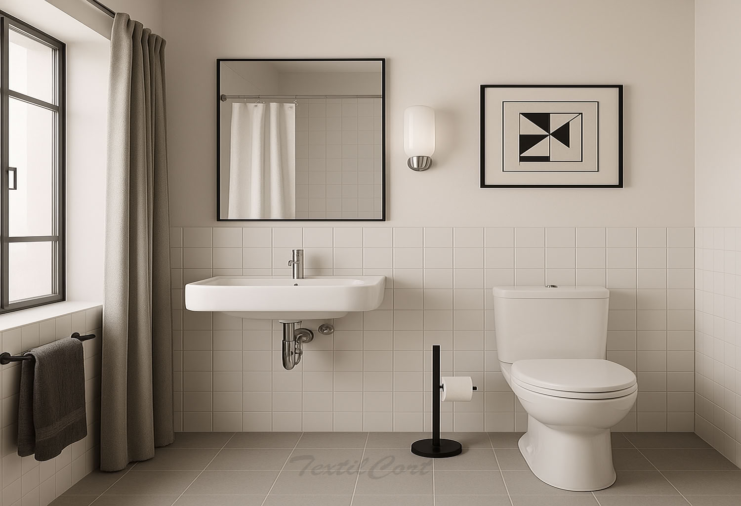 Baño elegante estilo Bauhaus con cortina y líneas geométricas