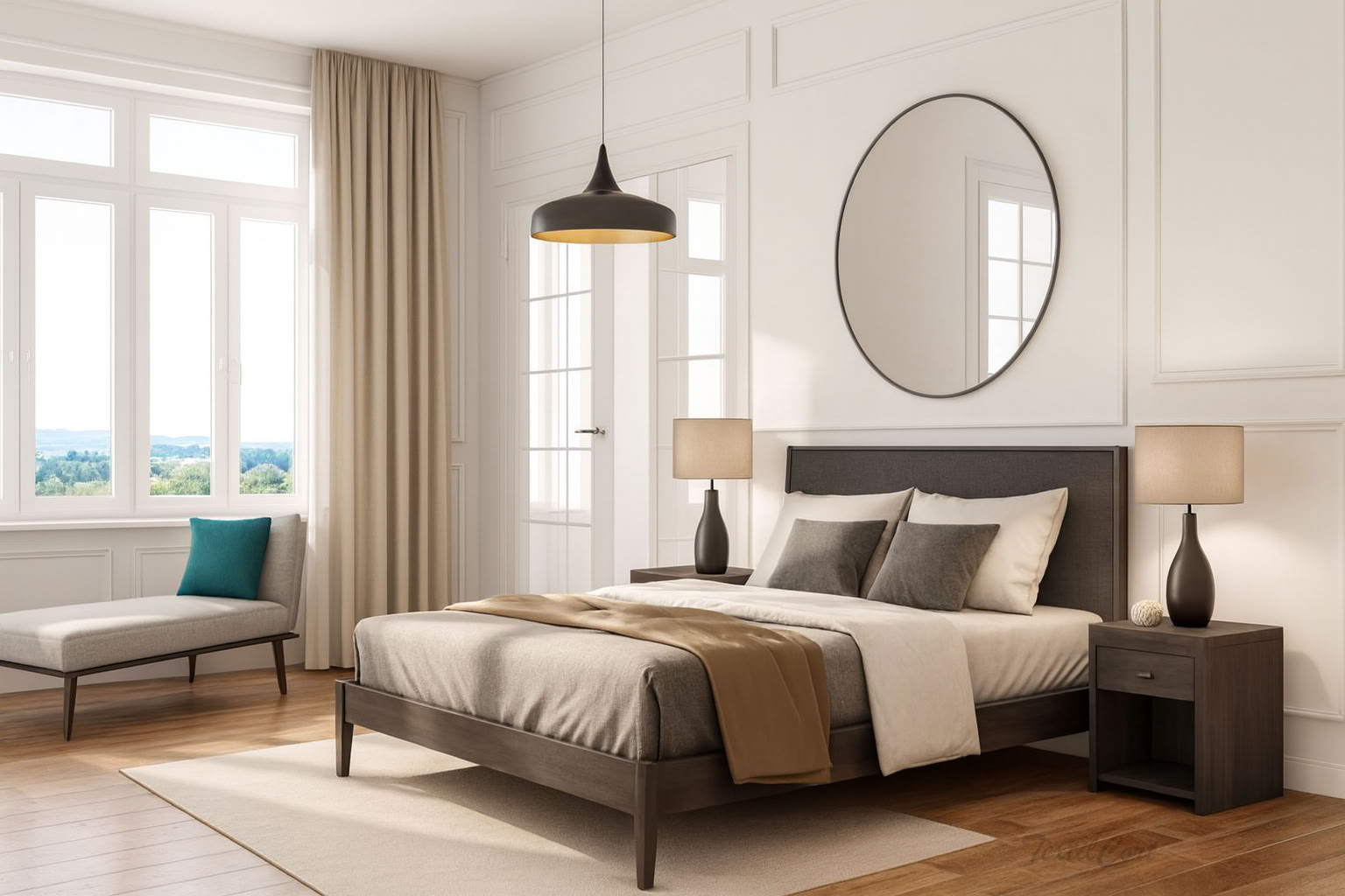 Dormitorio elegante estilo Bauhaus con cortinas beige y luz natural