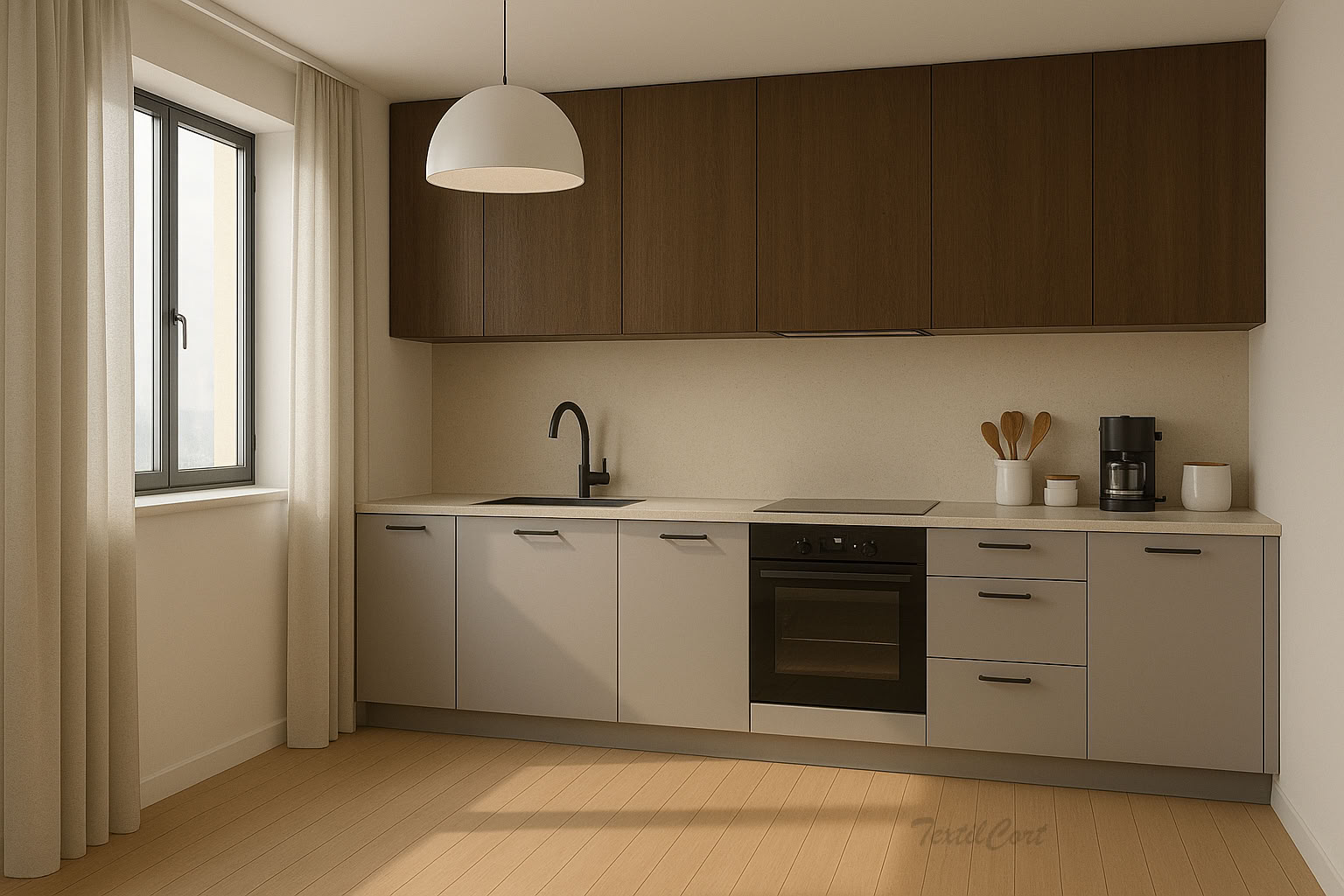 Cocina estilo Bauhaus con cortinas claras y diseño funcional