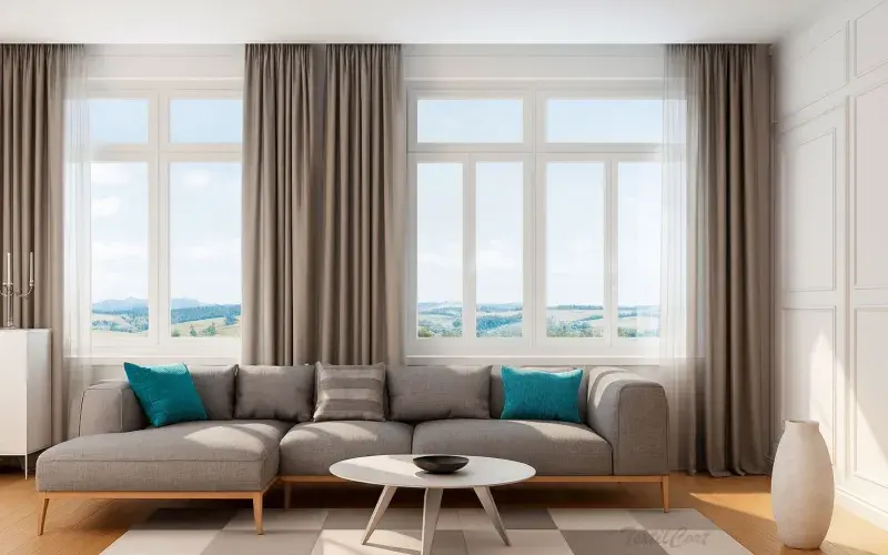 Salón luminoso estilo Bauhaus con cortinas beige a medida
