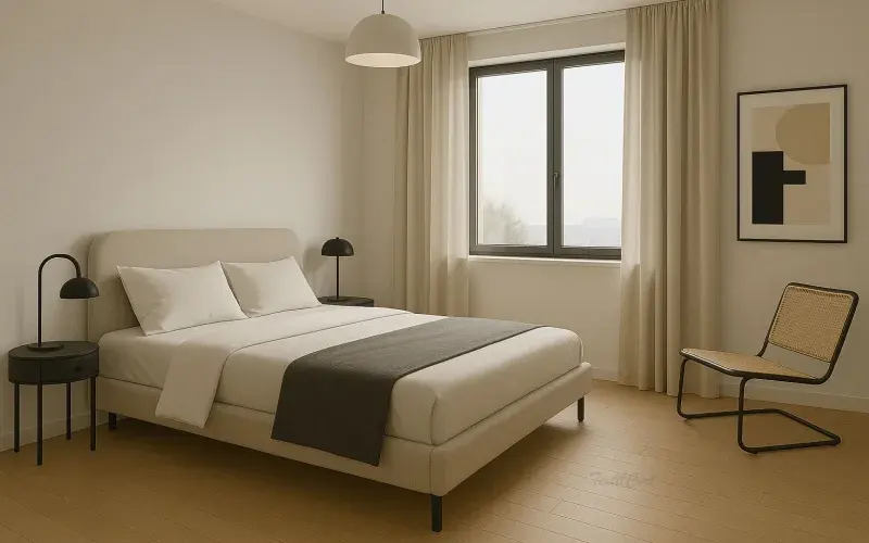 Dormitorio minimalista estilo Bauhaus con cortinas claras