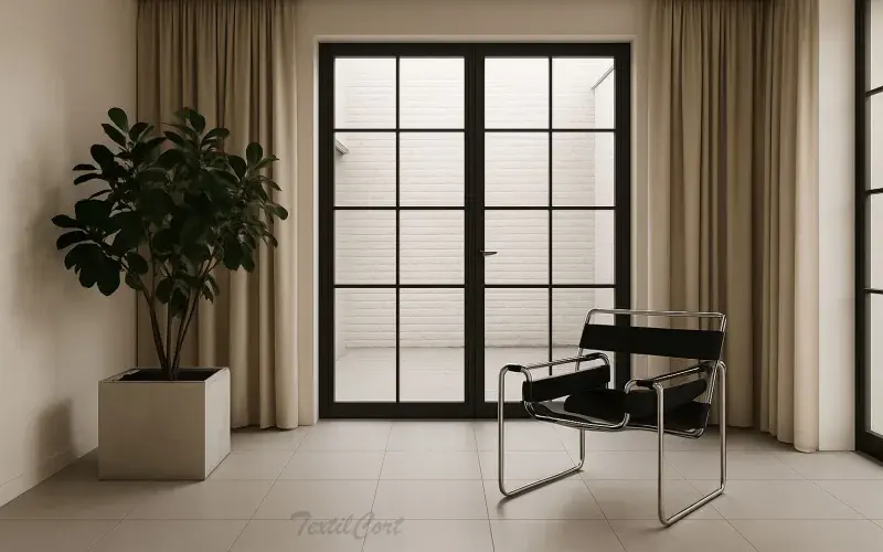 Rincón minimalista estilo Bauhaus con cortinas y ventanal negro