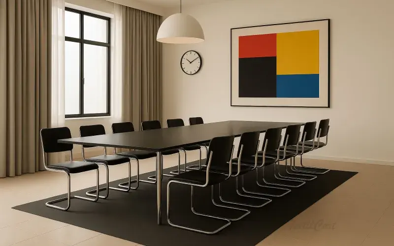 Comedor amplio estilo Bauhaus con cortinas y mesa para grandes reuniones