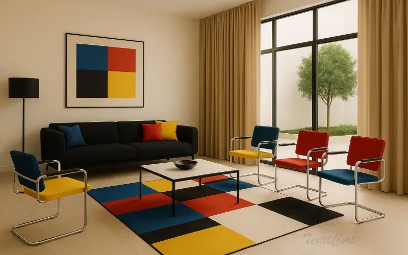 Salón estilo Bauhaus con cortinas beige y geometría en colores primarios