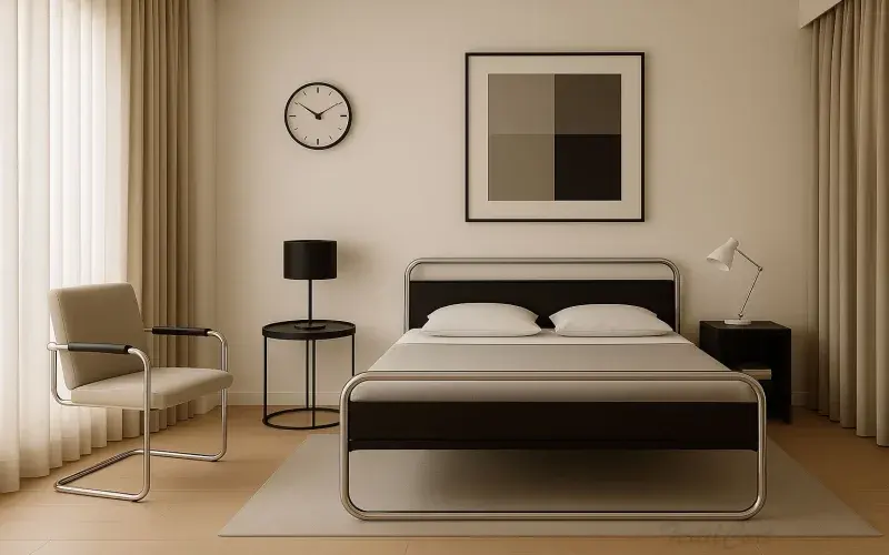 Dormitorio estilo Bauhaus con cortinas beige y mobiliario tubular