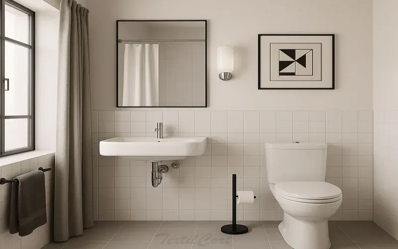 Baño elegante estilo Bauhaus con cortina y líneas geométricas