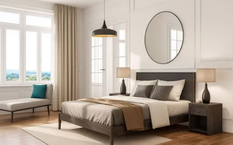 Dormitorio elegante estilo Bauhaus con cortinas beige y luz natural