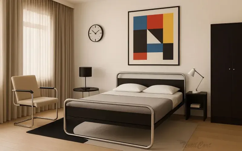 Dormitorio estilo Bauhaus con cama tubular y decoración geométrica