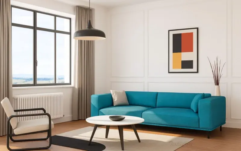 Salón moderno estilo Bauhaus con cortinas beige y sofá turquesa