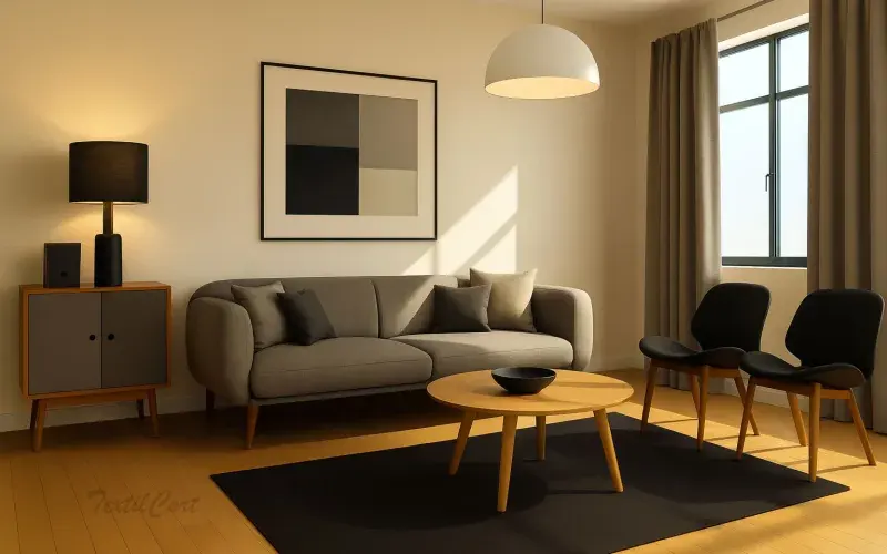 Salón elegante estilo Bauhaus con cortinas y luz natural