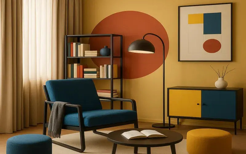 Rincón de lectura estilo Bauhaus con cortinas beige y geometría artística