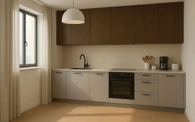 Cocina estilo Bauhaus con cortinas claras y diseño funcional