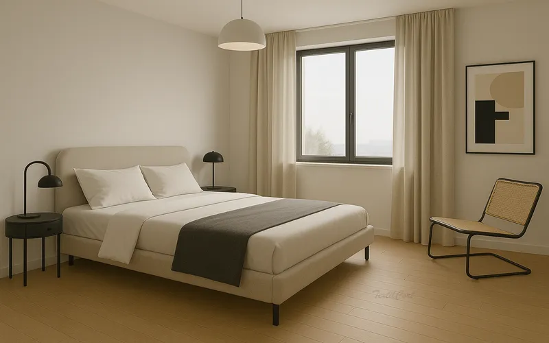 Dormitorio minimalista estilo Bauhaus con cortinas claras