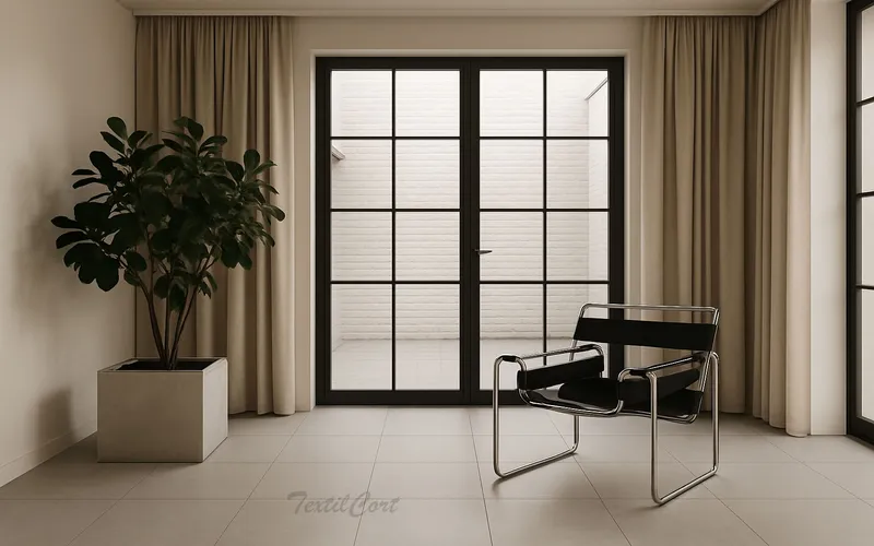 Rincón minimalista estilo Bauhaus con cortinas y ventanal negro