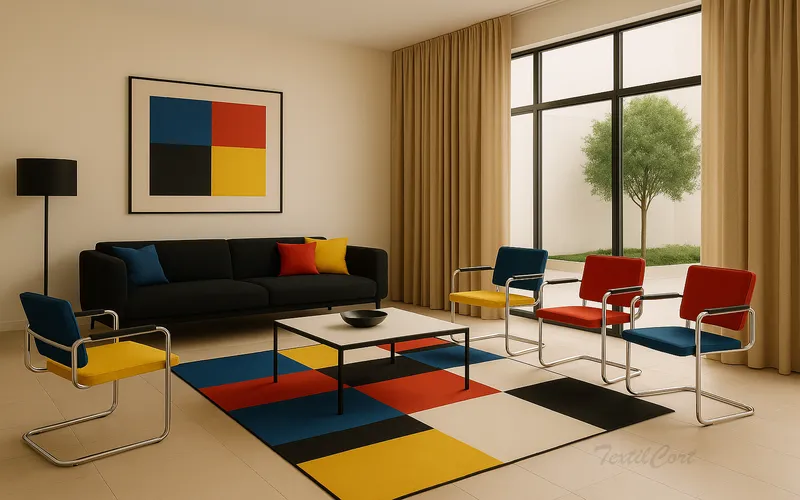 Salón estilo Bauhaus con cortinas beige y geometría en colores primarios