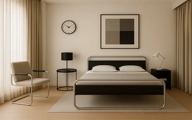 Dormitorio estilo Bauhaus con cortinas beige y mobiliario tubular