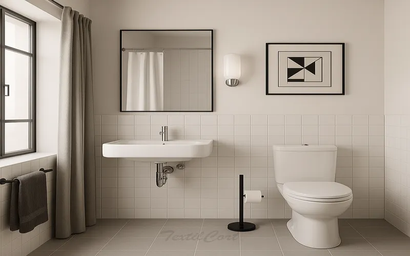 Baño elegante estilo Bauhaus con cortina y líneas geométricas