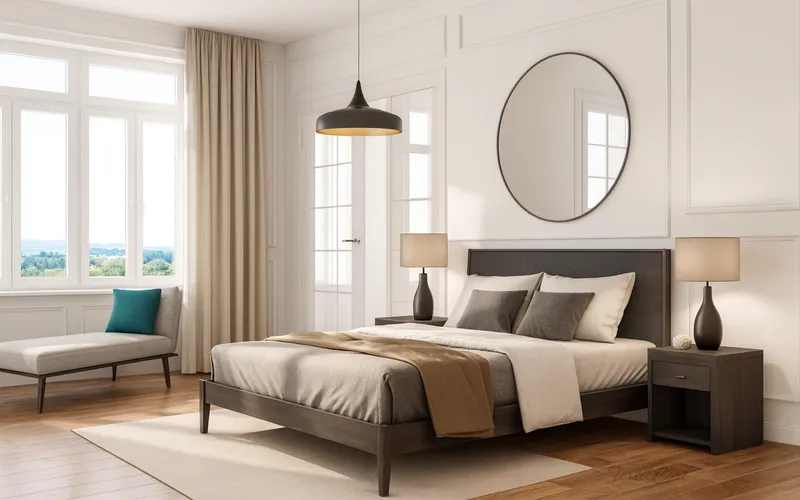 Dormitorio elegante estilo Bauhaus con cortinas beige y luz natural