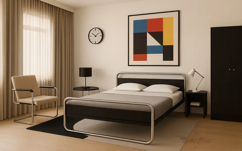 Dormitorio estilo Bauhaus con cama tubular y decoración geométrica