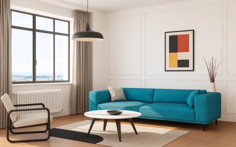 Salón moderno estilo Bauhaus con cortinas beige y sofá turquesa