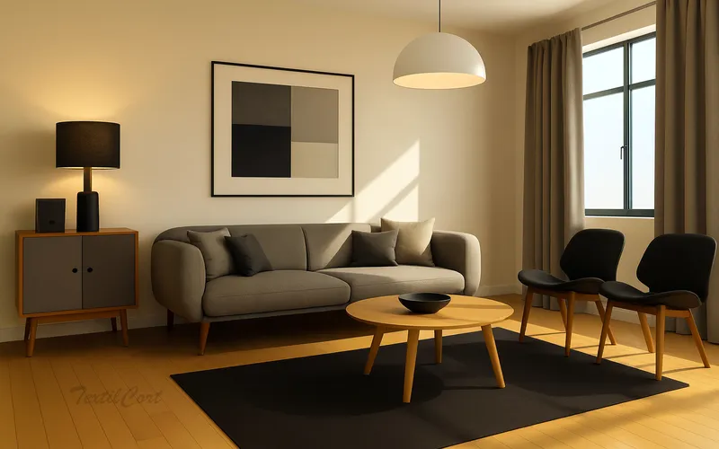 Salón elegante estilo Bauhaus con cortinas y luz natural