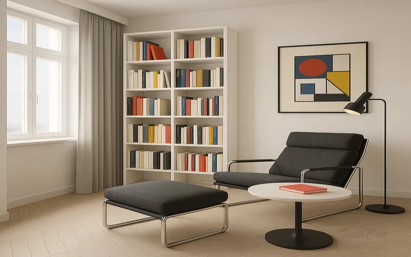 Rincón de lectura estilo Bauhaus con cortinas gris claro