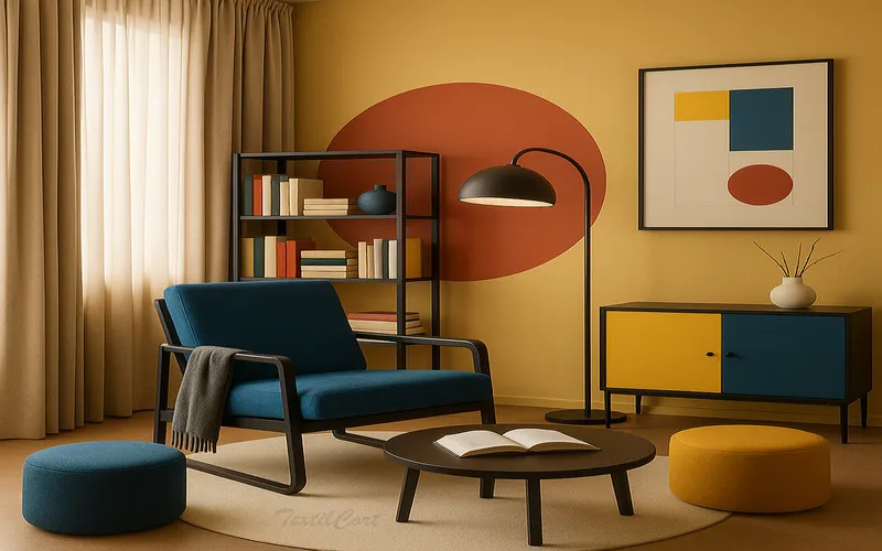 Rincón de lectura estilo Bauhaus con cortinas beige y geometría artística