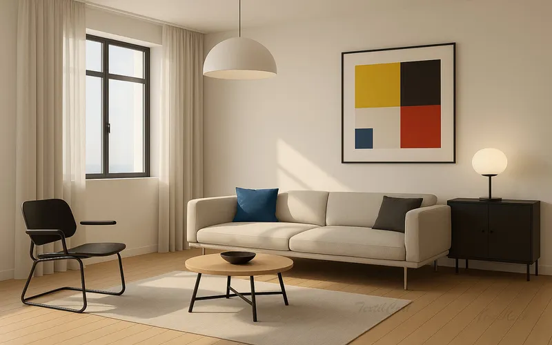 Salón moderno estilo Bauhaus con cortinas