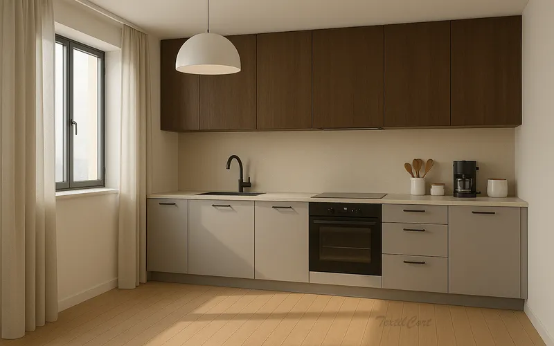 Cocina estilo Bauhaus con cortinas claras y diseño funcional