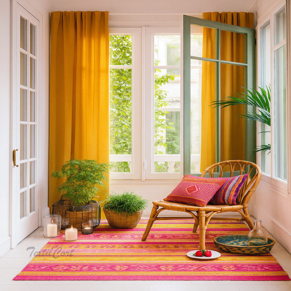 Rincón bohemio con cortinas mostaza y decoración natural