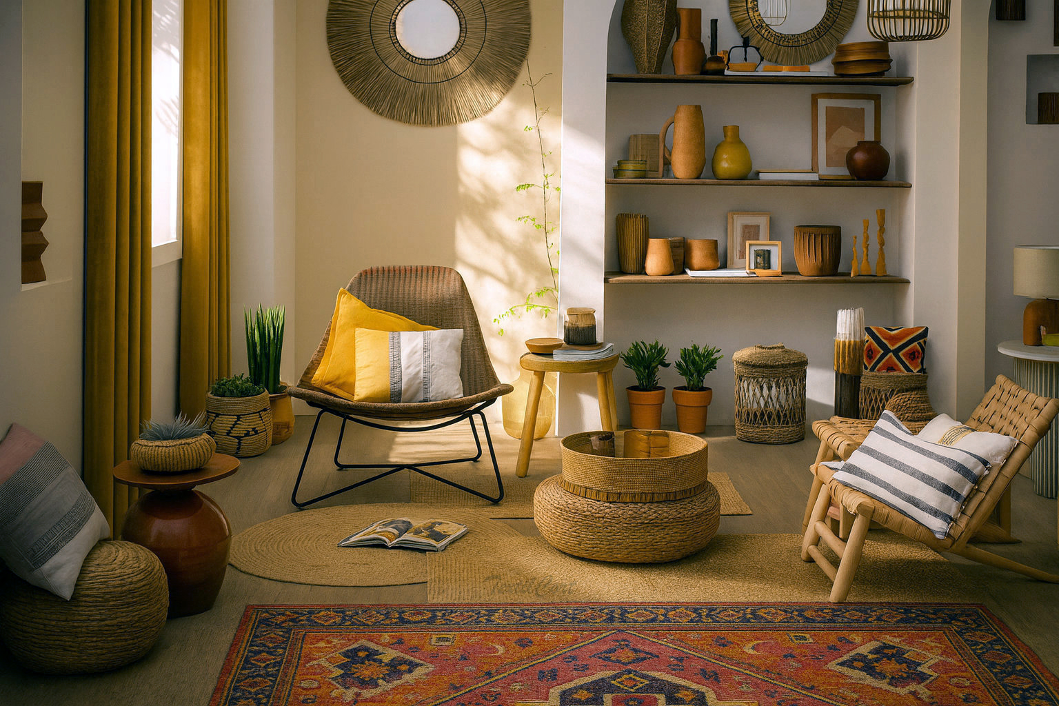 Salón bohemio con cortinas mostaza y decoración natural